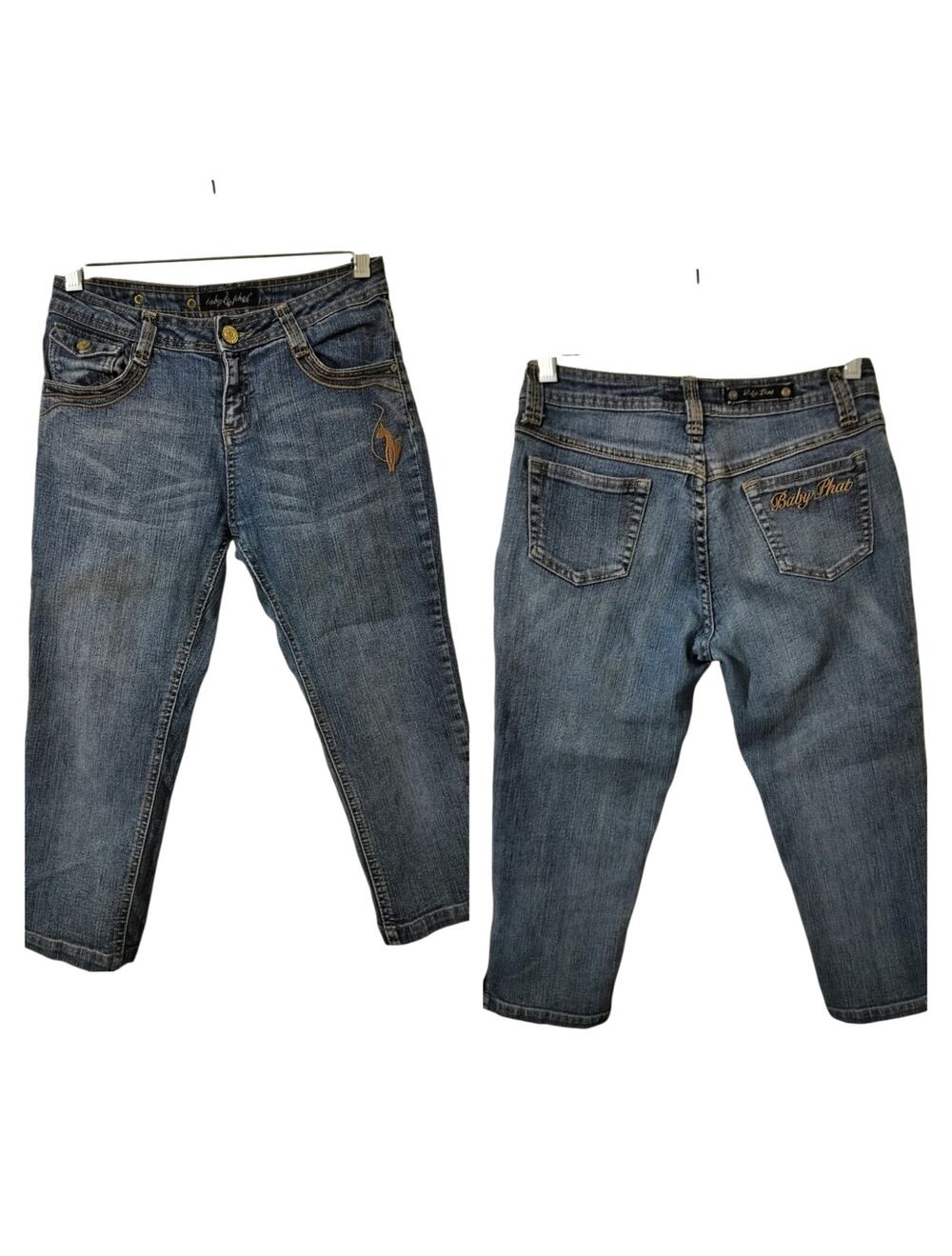 6069)Y2K Baby Phat Low Rise Medium Wash Cropped Denim Capri 14